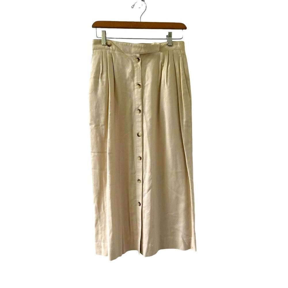Christian Dior Vintage Pleated Button Wrap Midi Skirt Women's Beige Size 10